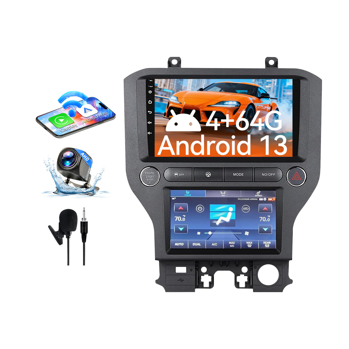 Dual Screen Android 13 Car Radio for Ford Mustang 2015-2021 – 9" + 7" Climate Display Head Unit with Wireless CarPlay & Android Auto, 4+64G, GPS, AHD Camera
