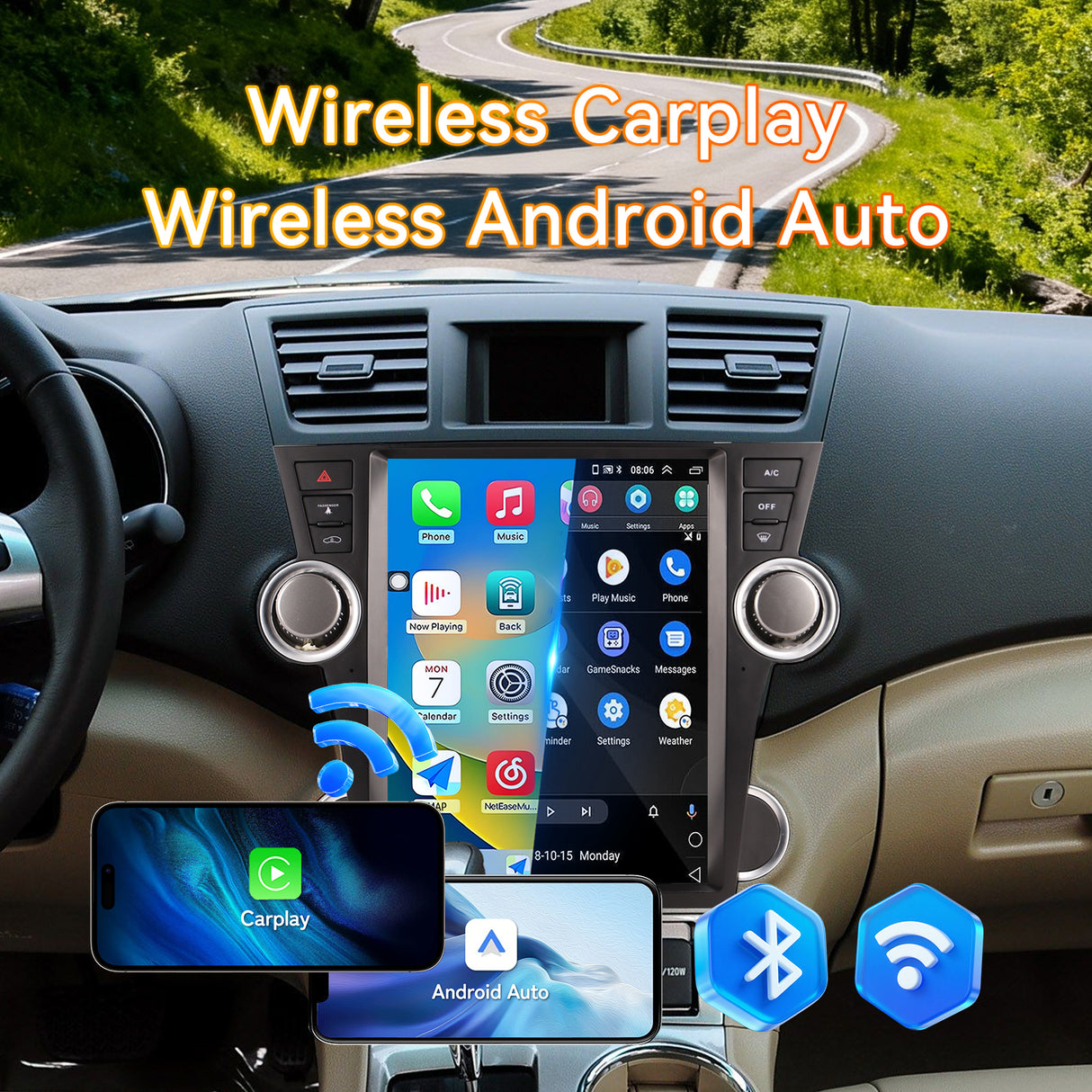 Android 14 Car Stereo Radio Head Unit Compatible with Toyota Highlander 2009-2013 Carplay&Android Auto T-Style Touch Screen with GPS DSP Bluetooth Optical FM 4G WiFi 8+128G 12.1"