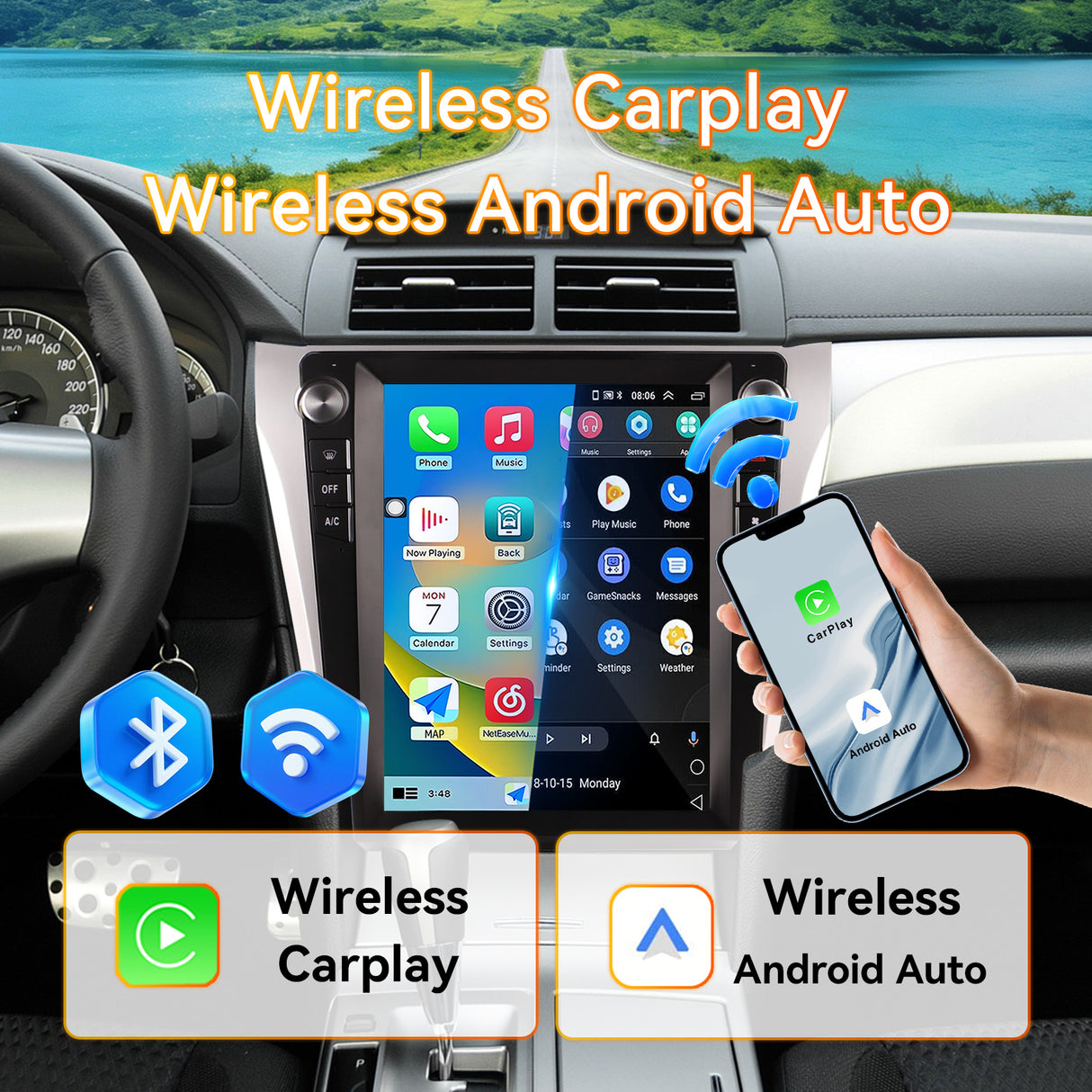 Android 14 Car Stereo Radio Head Unit Compatible with Toyota Camry 2012-2015 Carplay&Android Auto T-Style Touch Screen with GPS DSP Bluetooth Optical FM 4G WiFi 8+128G 12.1"