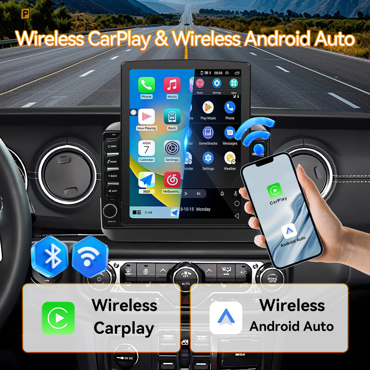 Android 15 Car Radio Stereo Compatible with Jeep Wrangler JL 2018-2021Gladiator JT 2020 2021, 4+64G, 9.7" Touchscreen, Wireless Carplay Android Auto/Bluetooth/FM/GPS/WiFi/Mirror Link/SWC/Backup Camera