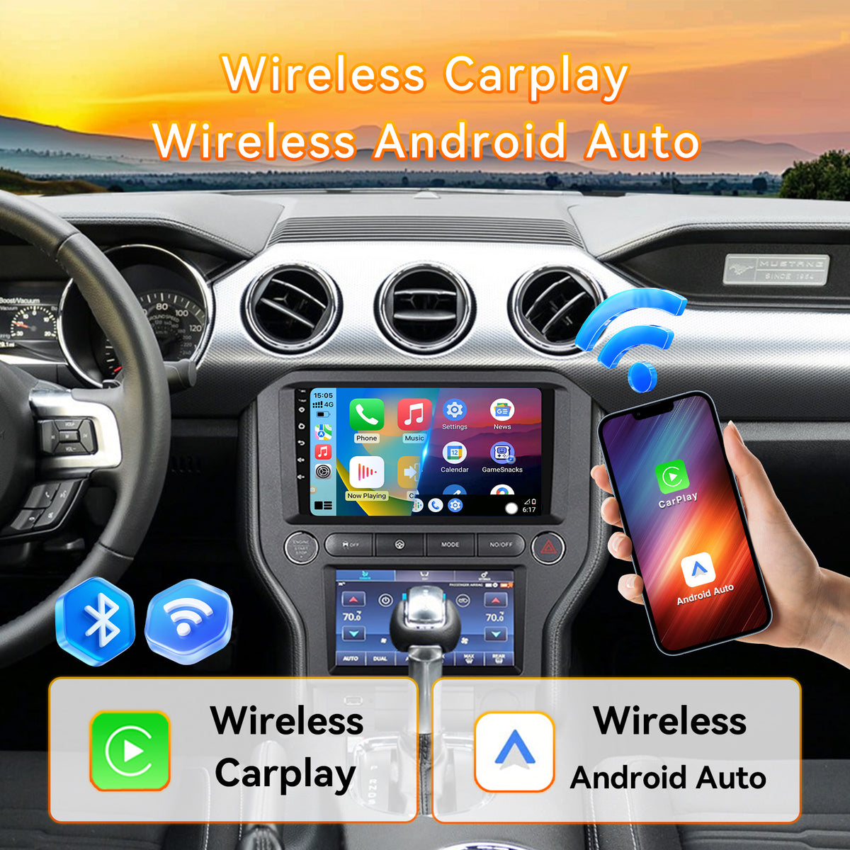 Dual Screen Android 13 Car Radio for Ford Mustang 2015-2021 – 9" + 7" Climate Display Head Unit with Wireless CarPlay & Android Auto, 4+64G, GPS, AHD Camera