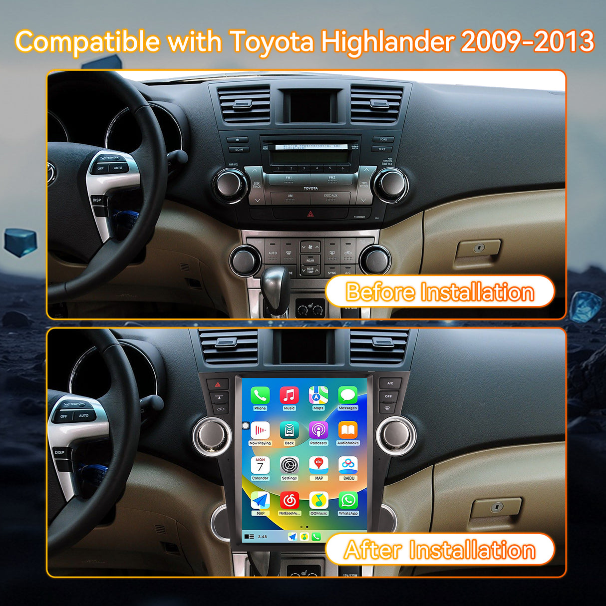 Android 14 Car Stereo Radio Head Unit Compatible with Toyota Highlander 2009-2013 Carplay&Android Auto T-Style Touch Screen with GPS DSP Bluetooth Optical FM 4G WiFi 8+128G 12.1"