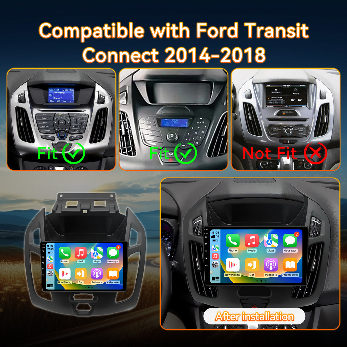 Android 14 Car Radio Compatible with Ford Transit Connect 2014-2018,9" Touch Screen Car Stereo with Wireless Carplay Android Auto,Multimedia Receiver with GPS Bluetooth & Backup Camera