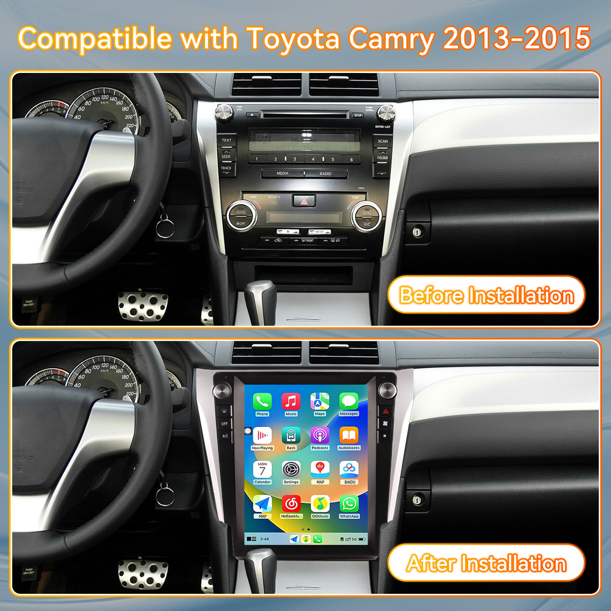 Android 14 Car Stereo Radio Head Unit Compatible with Toyota Camry 2012-2015 Carplay&Android Auto T-Style Touch Screen with GPS DSP Bluetooth Optical FM 4G WiFi 8+128G 12.1"
