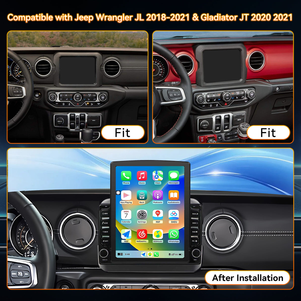 Android 15 Car Radio Stereo Compatible with Jeep Wrangler JL 2018-2021Gladiator JT 2020 2021, 4+64G, 9.7" Touchscreen, Wireless Carplay Android Auto/Bluetooth/FM/GPS/WiFi/Mirror Link/SWC/Backup Camera