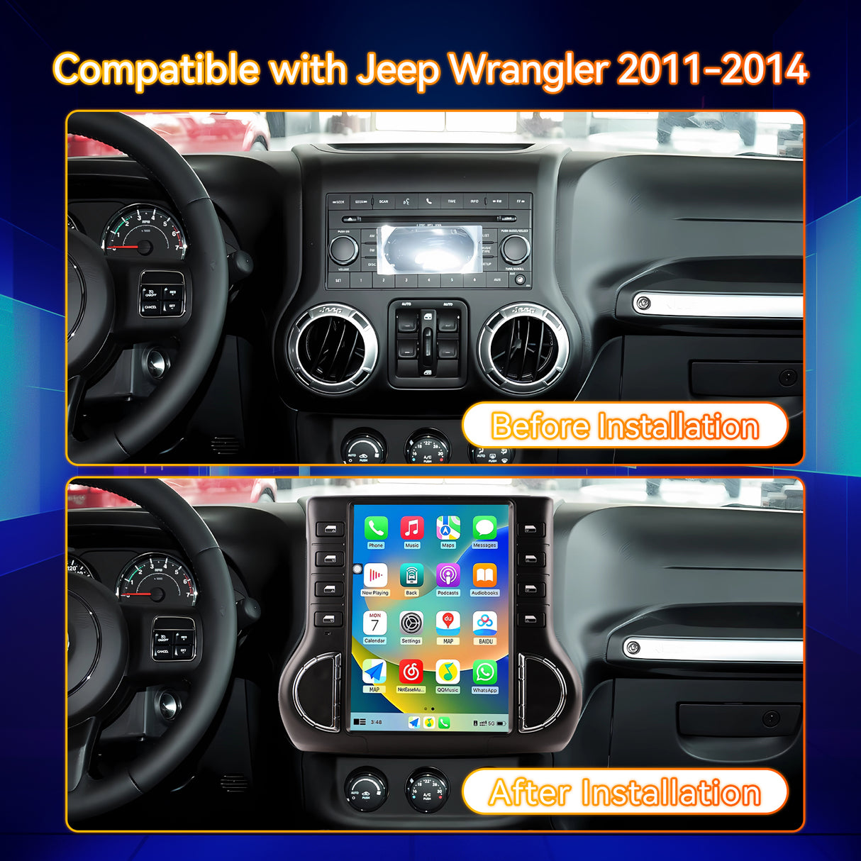 Android 14 Car Stereo Radio Head Unit Compatible with Jeep Wrangler 2011-2014 Carplay&Android Auto T-Style Touch Screen with GPS DSP Bluetooth Optical FM 4G WiFi 8+128G 12.1 inch