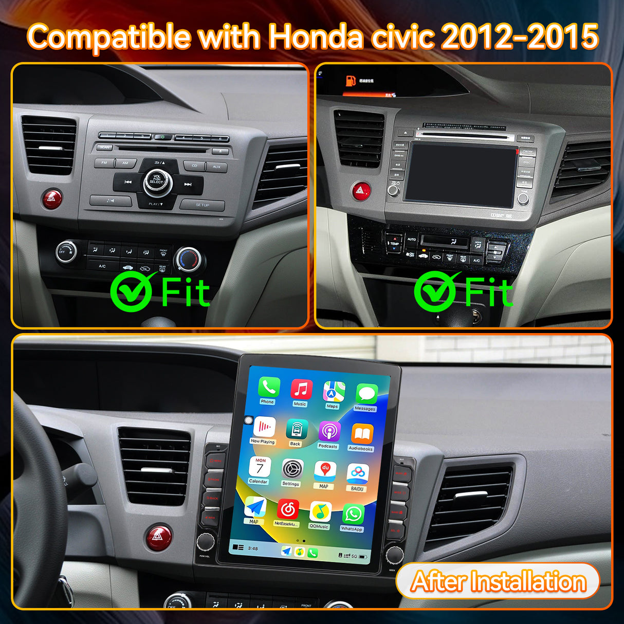 Android 15 Car Stereo Radio Compatible with Honda Civic 2012 2013 2014 2015 with Wireless CarPlay Android Auto,9.7' Touchscreen Support Bluetooth/GPS/WiFi/Mirror Link/Backup Camera