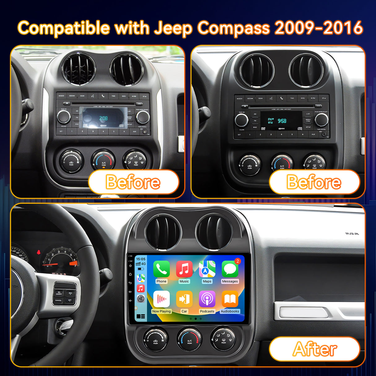 Android 13 Car Stereo Radio Compatible with Jeep Compass 2009-2016, 10 Inch Touchscreen Head Unit,Bluetooth |Wifi |FM |Wireless Carplay Android Auto |GPS |Mirrorlink |Backup Camera