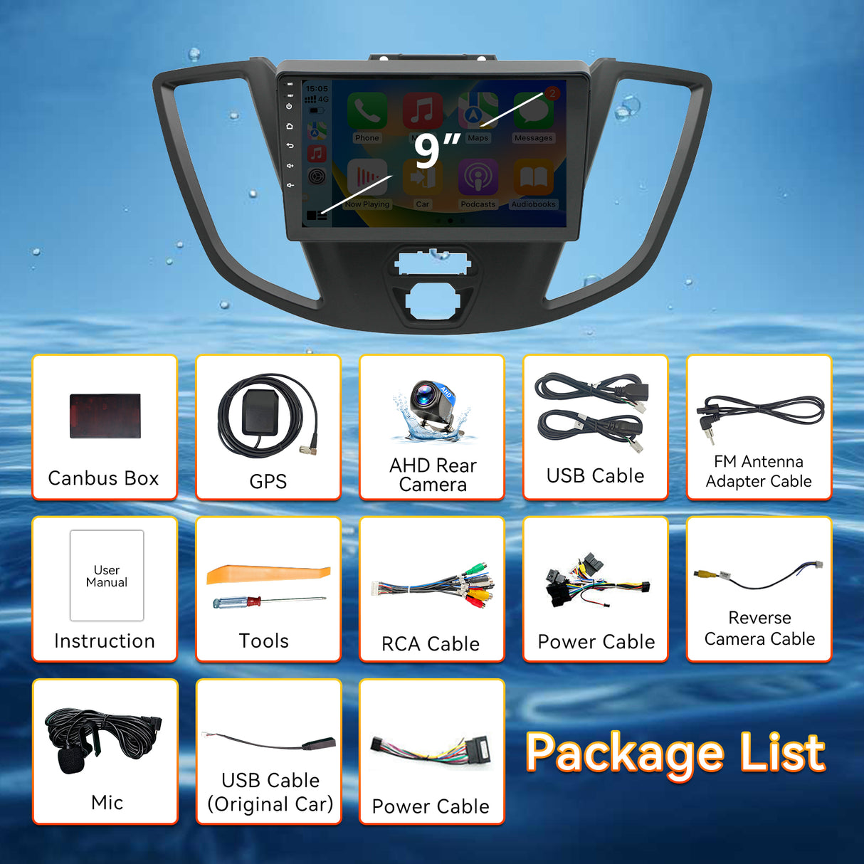 Android 13 Car Stereo Radio Compatible with Ford Transit 2013 2014 2015 2016 2017 2018 2019, Head Unit, 9" Touchscreen Support Bluetooth/Wireless CarPlay Andriod Auto/GPS/WiFi/Mirror Link/Backup Camera