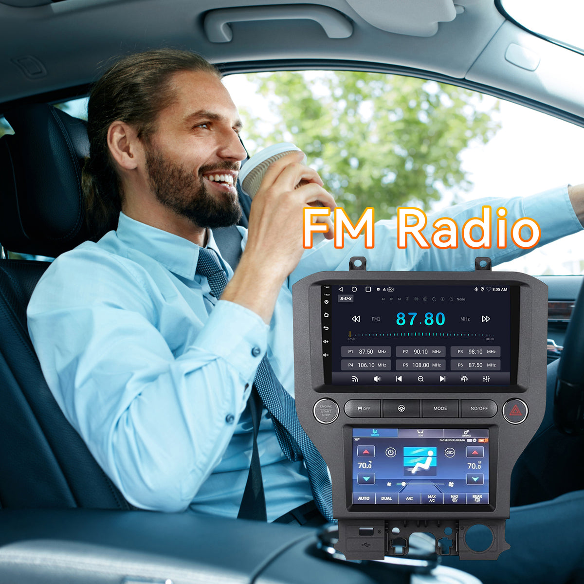 Dual Screen Android 13 Car Radio for Ford Mustang 2015-2021 – 9" + 7" Climate Display Head Unit with Wireless CarPlay & Android Auto, 4+64G, GPS, AHD Camera