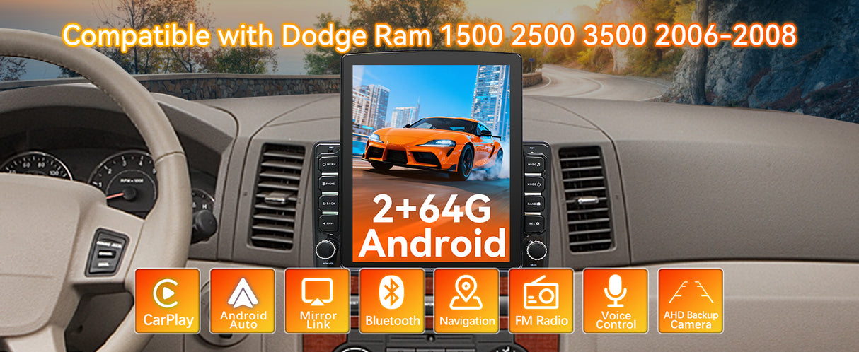 Android 14 Car Stereo Radio Compatible with Dodge Ram 1500 2500 3500 2006 2007 2008 Wireless CarPlay & Android Auto | AHD | Backup Camera | Upgrade 9.7" Touch Screen | GPS | WiFi | SWC | FM | Bluetooth 2+64G