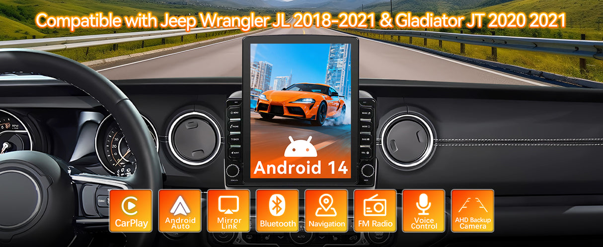 Android 15 Car Radio Stereo Compatible with Jeep Wrangler JL 2018-2021Gladiator JT 2020 2021, 4+64G, 9.7" Touchscreen, Wireless Carplay Android Auto/Bluetooth/FM/GPS/WiFi/Mirror Link/SWC/Backup Camera