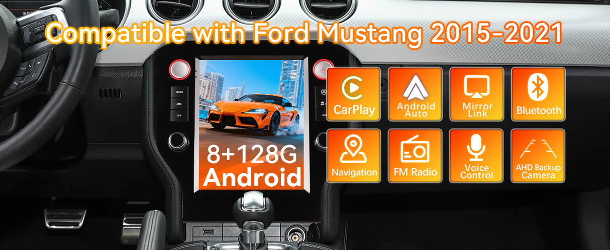 Android 14 Car Stereo Radio Head Unit Compatible with Ford Mustang 2015-2021 Carplay&Android Auto T-Style Touch Screen with GPS | DSP | Bluetooth | Optical | FM | 4G | WiFi 8+128G 9.7