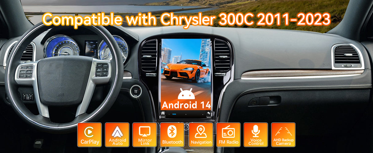 Android 14 Car Stereo Radio Head Unit Compatible with Chrysler 2011-2023 300C Carplay&Android Auto T-Style Touch Screen with GPS DSP Bluetooth Optical FM 4G WiFi 8+128G 14.5 inch