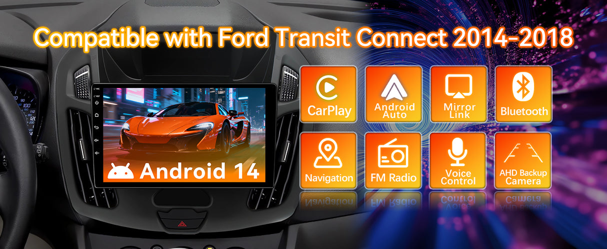 Android 14 Car Radio Compatible with Ford Transit Connect 2014-2018,Touchscreen Car Stereo with Wireless Carplay Android Auto,FM,Multimedia Receiver with GPS Bluetooth & Backup Camera(9.7Inch