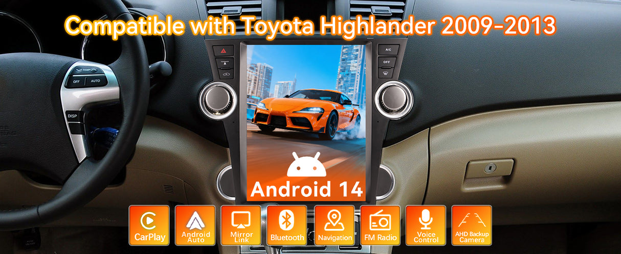 Android 14 Car Stereo Radio Head Unit Compatible with Toyota Highlander 2009-2013 Carplay&Android Auto T-Style Touch Screen with GPS DSP Bluetooth Optical FM 4G WiFi 8+128G 12.1"