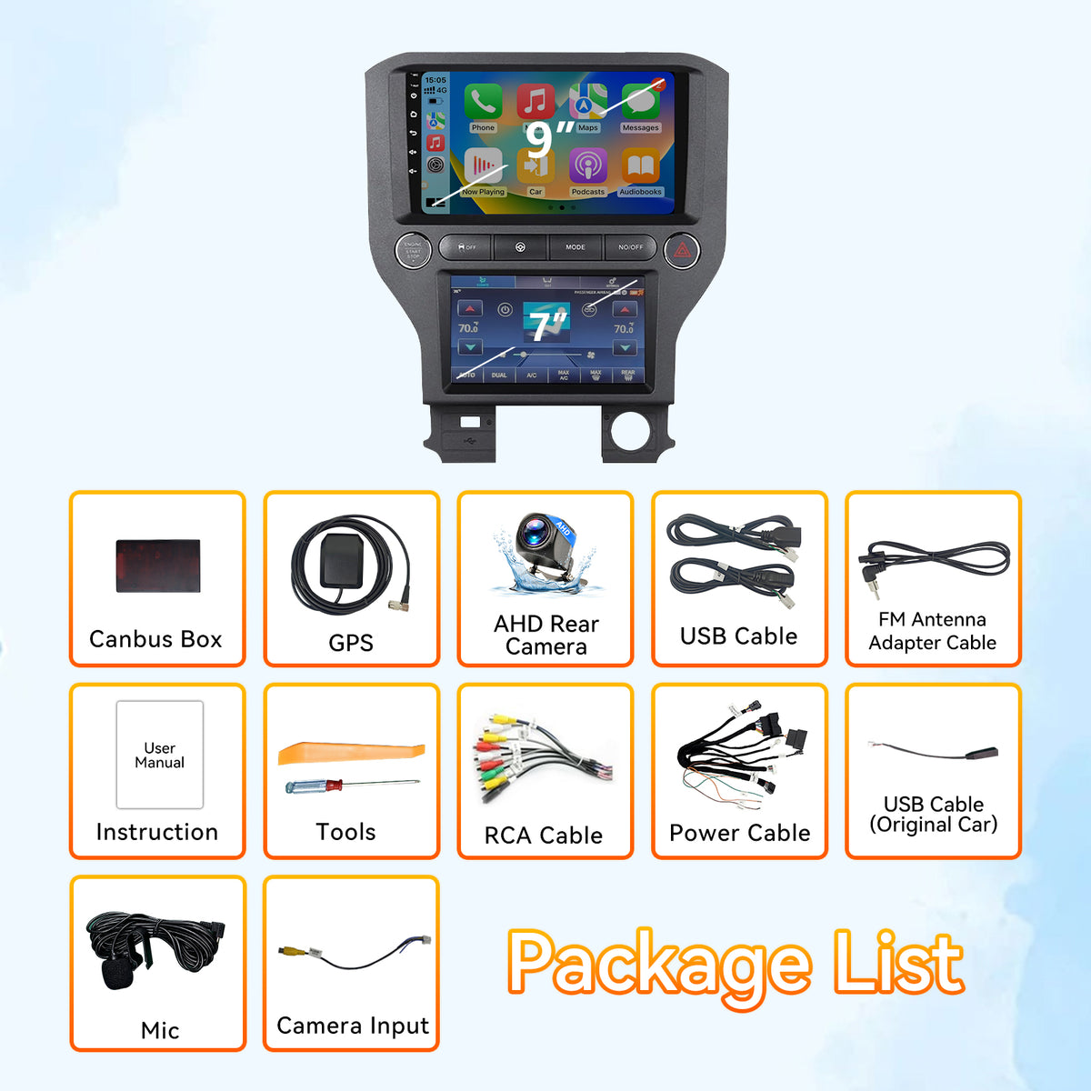 Dual Screen Android 13 Car Radio for Ford Mustang 2015-2021 – 9" + 7" Climate Display Head Unit with Wireless CarPlay & Android Auto, 4+64G, GPS, AHD Camera