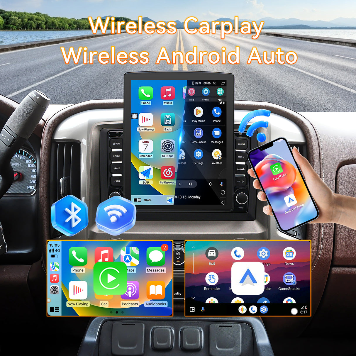 Android 13 Car Radio for Chevy Silverado GMC Sierra 2014 2015 2016 2017 2018 with Wireless Carplay Android Auto, HD Touchscreen with WiFi,GPS Navigation,Bluetooth,FM/RDS Radio,SWC,Mic +AHD Rear Camera  9.7Inch