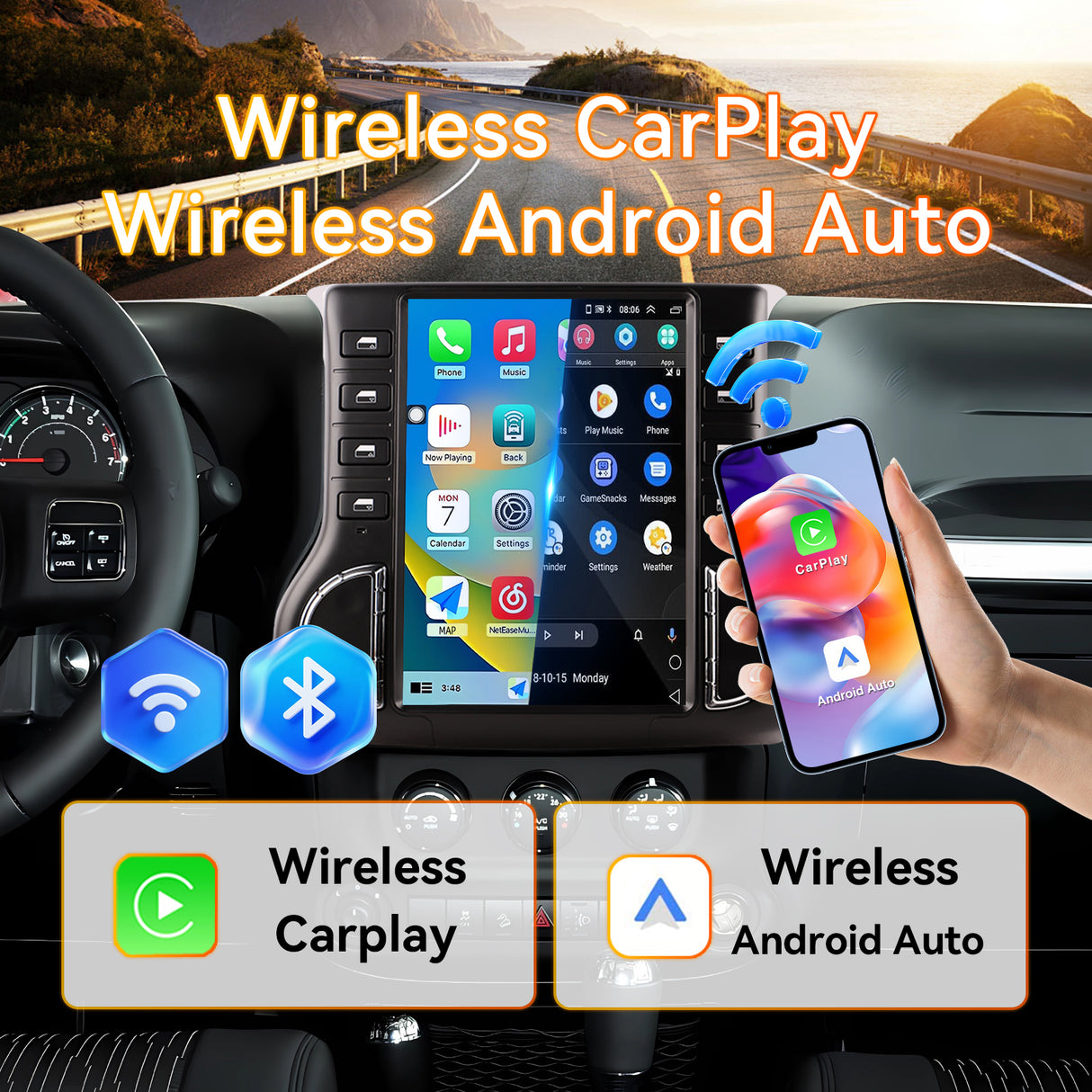 Android 14 Car Stereo Radio Head Unit Compatible with Jeep Wrangler 2011-2014 Carplay&Android Auto T-Style Touch Screen with GPS DSP Bluetooth Optical FM 4G WiFi 8+128G 12.1 inch