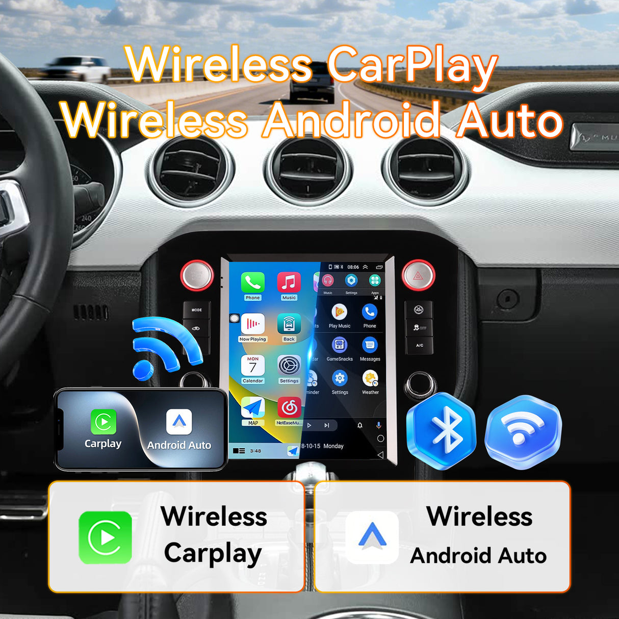 Android 14 Car Stereo Radio Head Unit Compatible with Ford Mustang 2015-2021 Carplay&Android Auto T-Style Touch Screen with GPS | DSP | Bluetooth  | Optical  | FM | 4G | WiFi 8+128G 9.7