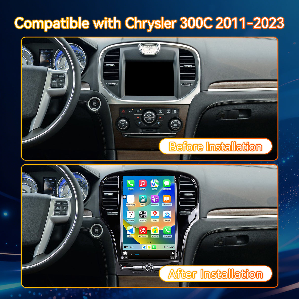 Android 14 Car Stereo Radio Head Unit Compatible with Chrysler 2011-2023 300C Carplay&Android Auto T-Style Touch Screen with GPS DSP Bluetooth Optical FM 4G WiFi 8+128G 14.5 inch