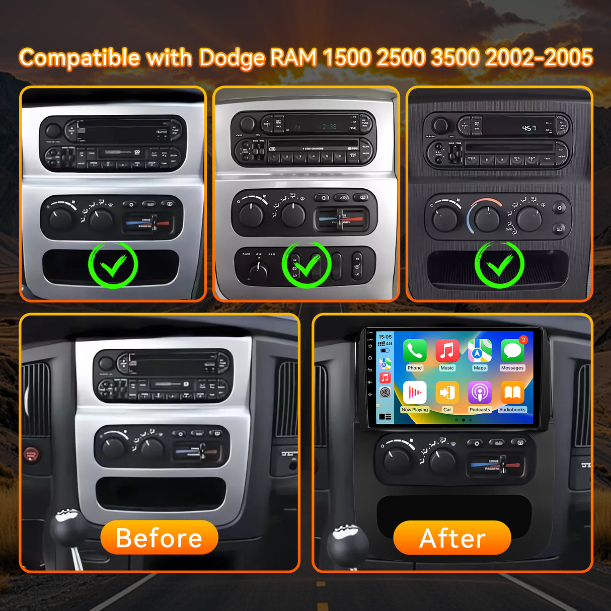 Android 13 Car Stereo Radio Compatible with Dodge RAM 1500 2500 3500 2002 2003 2004 2005, 4Core+64G ROM, 9 Inch Touchscreen Head Unit Support WiFi/Bluetooth/Wireless Carplay Android Auto/GPS/Mirror Link