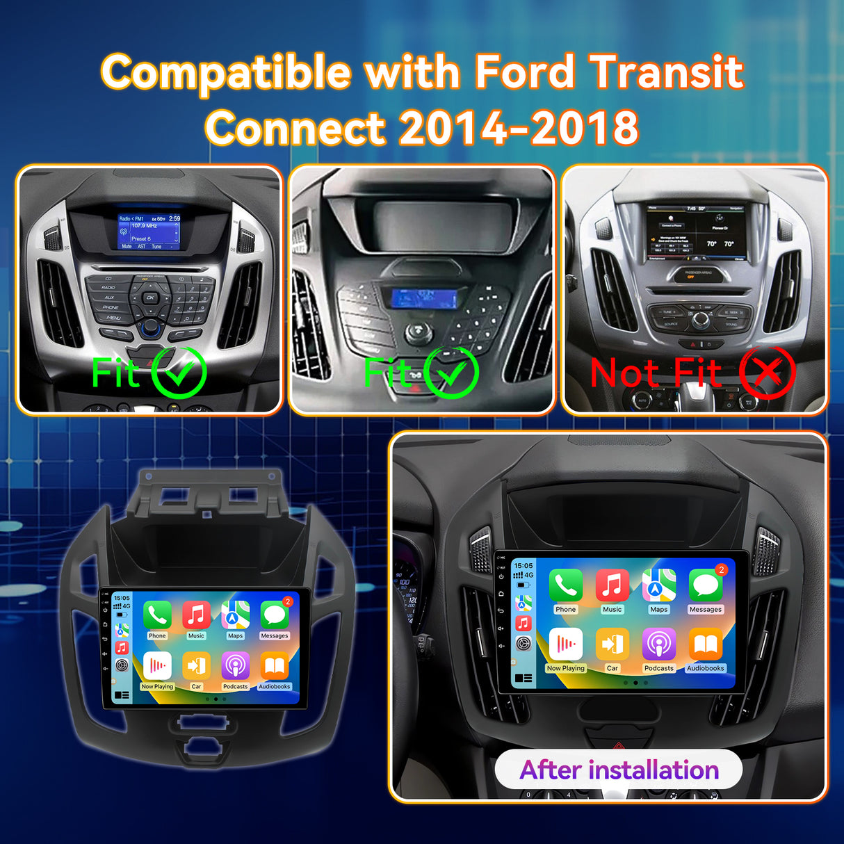 Android 14 Car Radio Compatible with Ford Transit Connect 2014-2018,Touchscreen Car Stereo with Wireless Carplay Android Auto,FM,Multimedia Receiver with GPS Bluetooth ＆ Backup Camera(9.7Inch
