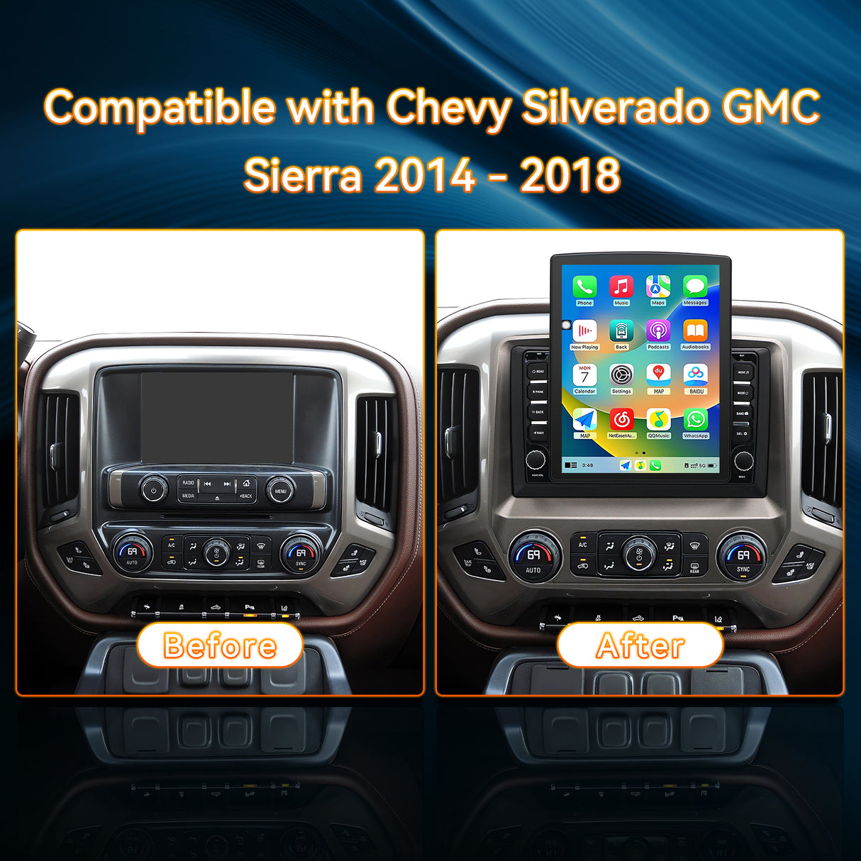 Android 13 Car Radio for Chevy Silverado GMC Sierra 2014 2015 2016 2017 2018 with Wireless Carplay Android Auto, HD Touchscreen with WiFi,GPS Navigation,Bluetooth,FM/RDS Radio,SWC,Mic +AHD Rear Camera  9.7Inch