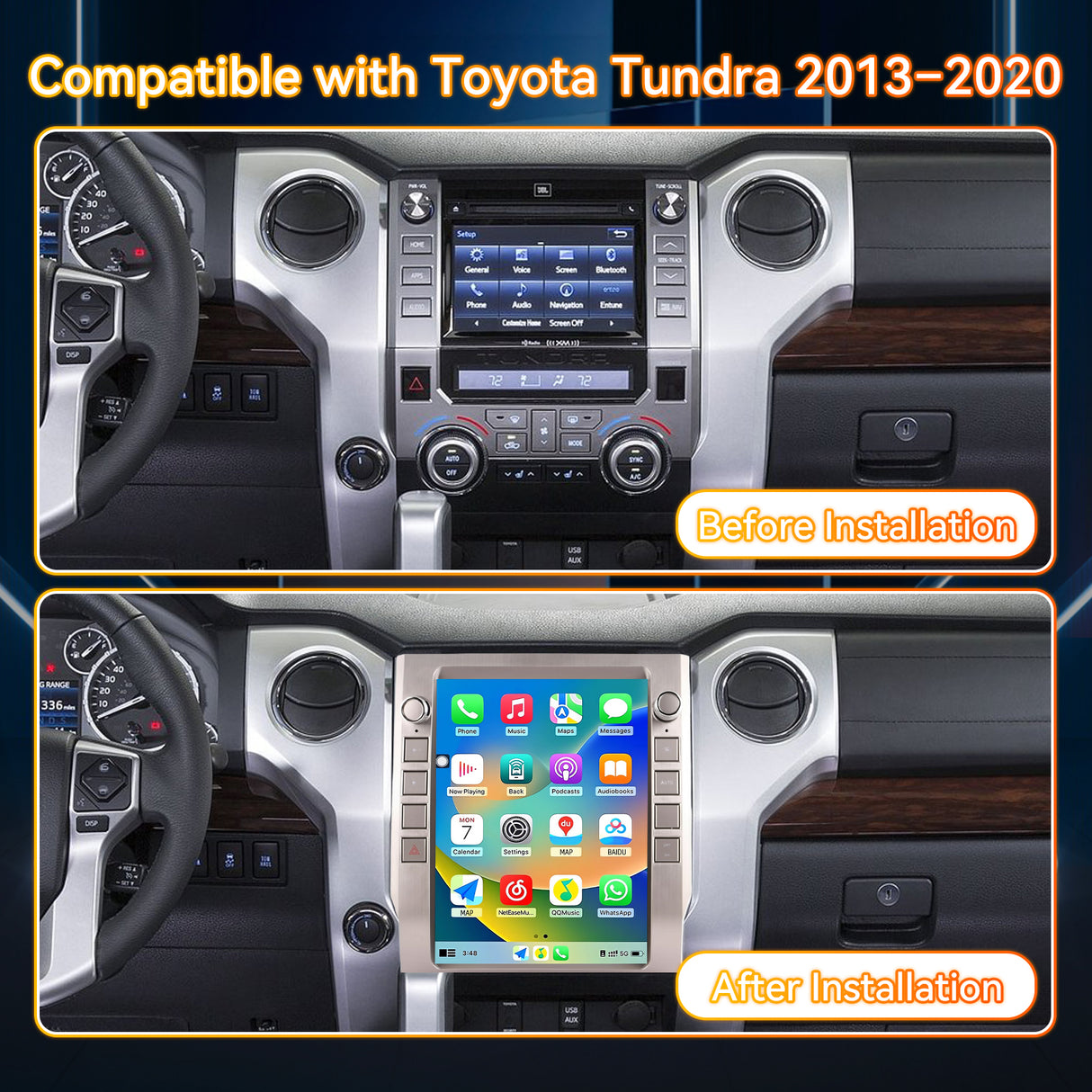 Android 14 Car Stereo Radio Head Unit Compatible with Toyota Tundra 2013-2020 Carplay&Android Auto T-Style Touch Screen with GPS | DSP | Bluetooth | Optical | FM | 4G | WiFi 8+128G 12.1