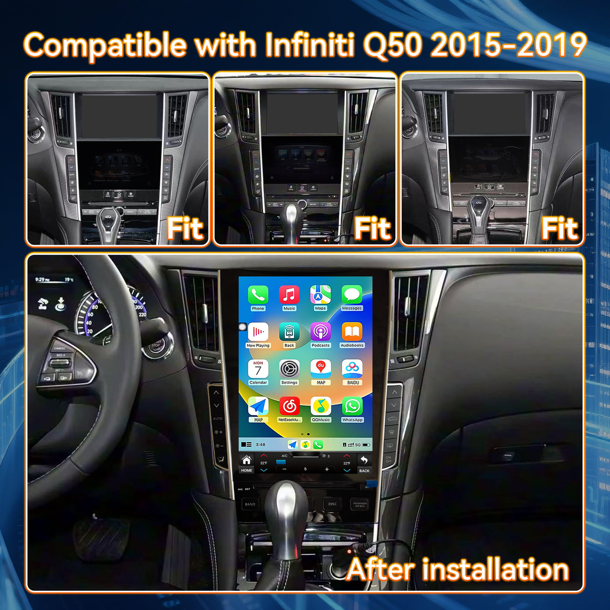 Android 15 Car Stereo Radio Compatible with Infiniti Q50 2015 2016 2017 2018 2019 12.1" Touch Screen Wireless CarPlay & Android Auto DSP 4G LTE 5G WiFi BT GPS Navigation Bluetooth 8core 8+128G
