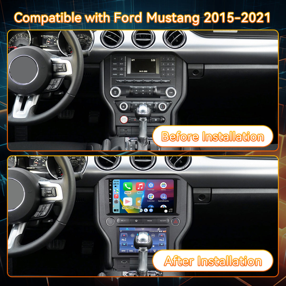 Dual Screen Android 13 Car Radio for Ford Mustang 2015-2021 – 9" + 7" Climate Display Head Unit with Wireless CarPlay & Android Auto, 4+64G, GPS, AHD Camera