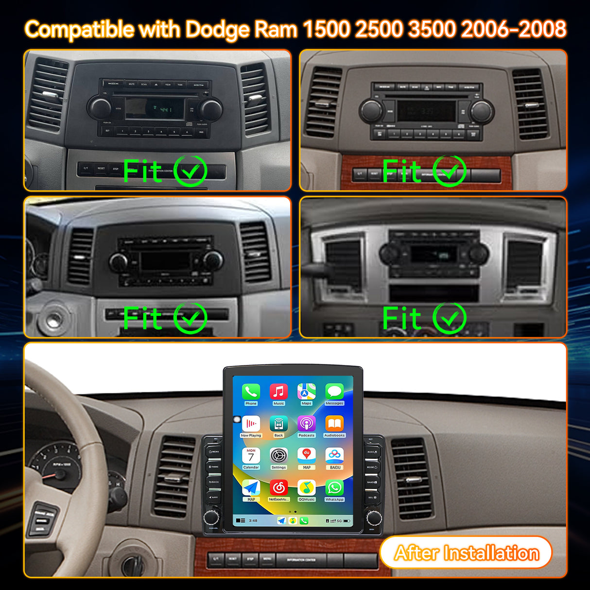 Android 14 Car Stereo Radio Compatible with Dodge Ram 1500 2500 3500 2006 2007 2008 Wireless CarPlay & Android Auto | AHD | Backup Camera | Upgrade 9.7" Touch Screen | GPS | WiFi | SWC | FM | Bluetooth 2+64G
