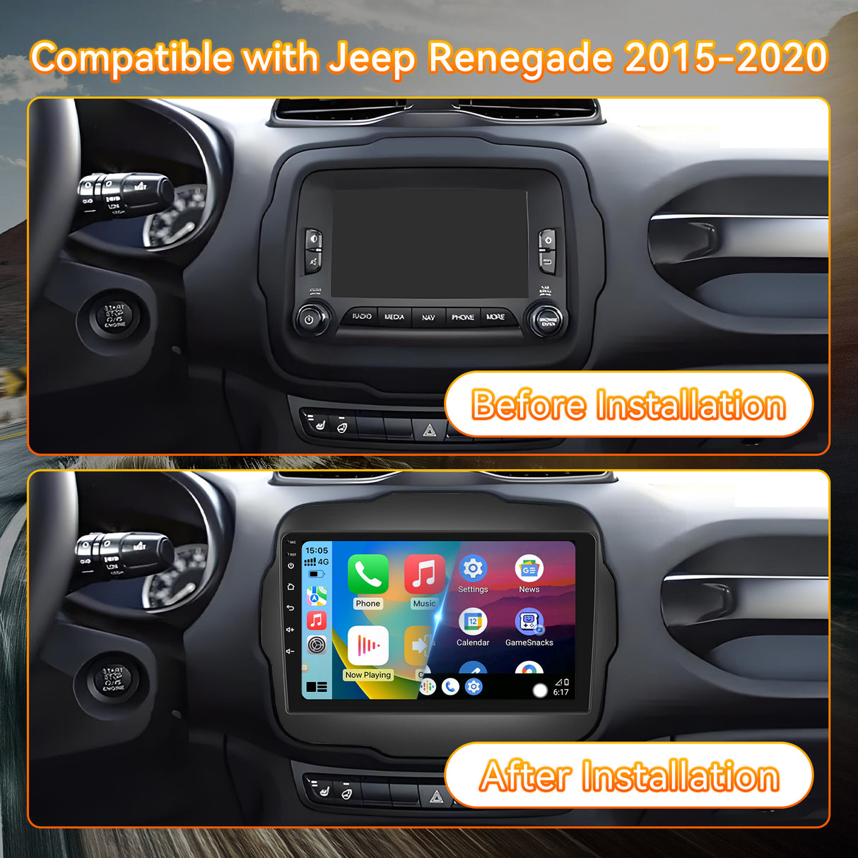 Android 13 Car Stereo Radio Compatible with Jeep Renegade 2015 2016 2017 2018 2019 2020,9 Inch Touchscreen Car Radio Support Bluetooth,Wireless CarPlay Android Auto/FM/GPS/Mirrorlink/Backup Camera