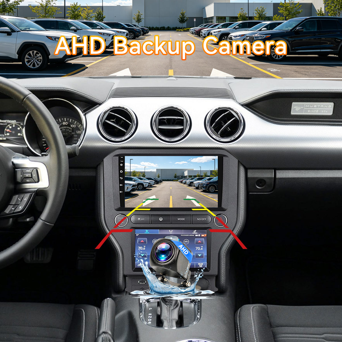 Dual Screen Android 13 Car Radio for Ford Mustang 2015-2021 – 9" + 7" Climate Display Head Unit with Wireless CarPlay & Android Auto, 4+64G, GPS, AHD Camera