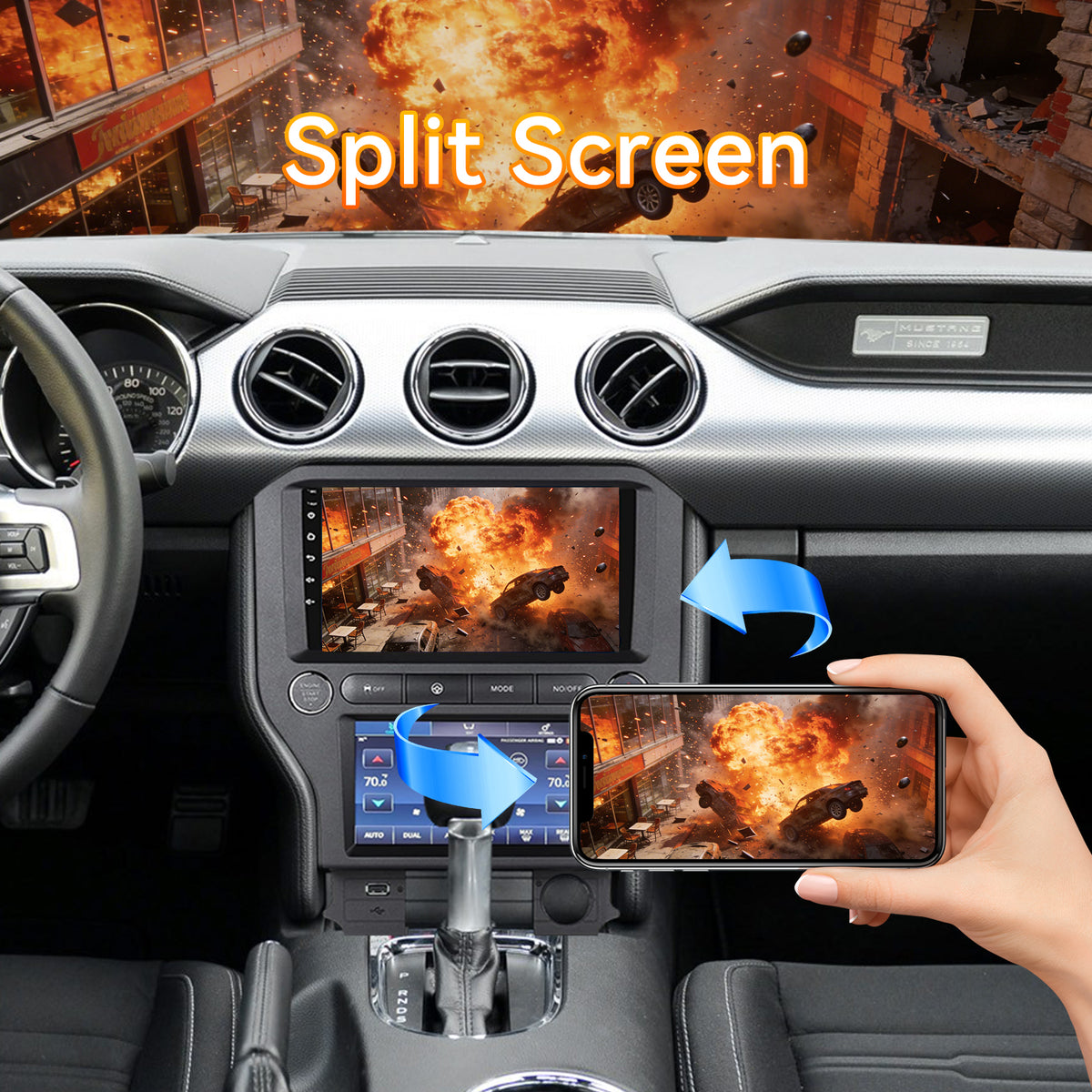 Dual Screen Android 13 Car Radio for Ford Mustang 2015-2021 – 9" + 7" Climate Display Head Unit with Wireless CarPlay & Android Auto, 4+64G, GPS, AHD Camera