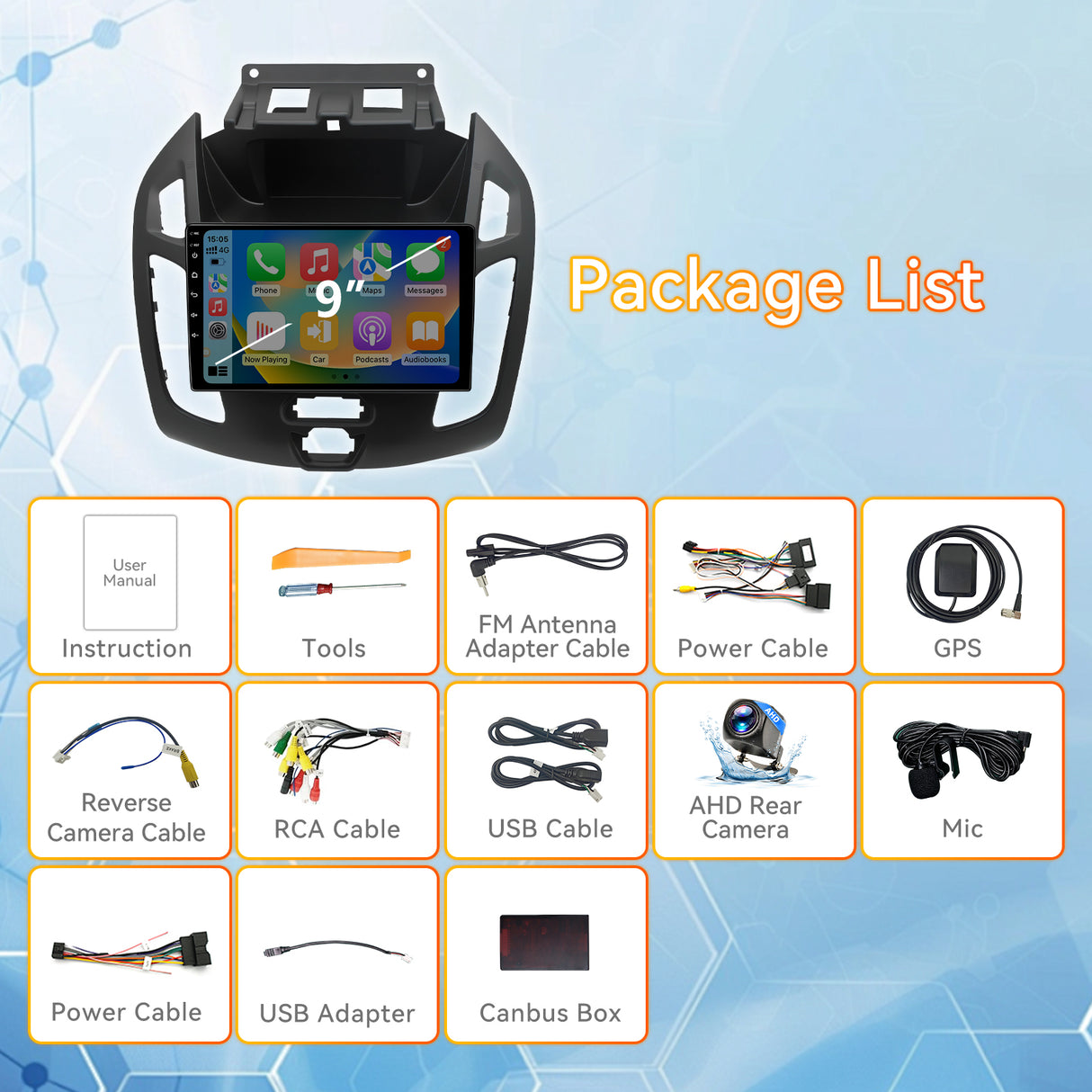 Android 14 Car Radio Compatible with Ford Transit Connect 2014-2018,Touchscreen Car Stereo with Wireless Carplay Android Auto,FM,Multimedia Receiver with GPS Bluetooth ＆ Backup Camera(9.7Inch