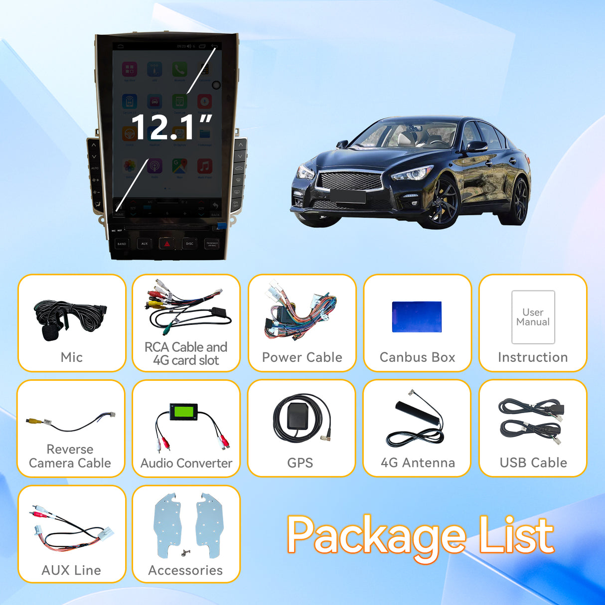 Android 15 Car Stereo Radio Compatible with Infiniti Q50 2015 2016 2017 2018 2019 12.1" Touch Screen Wireless CarPlay & Android Auto DSP 4G LTE 5G WiFi BT GPS Navigation Bluetooth 8core 8+128G