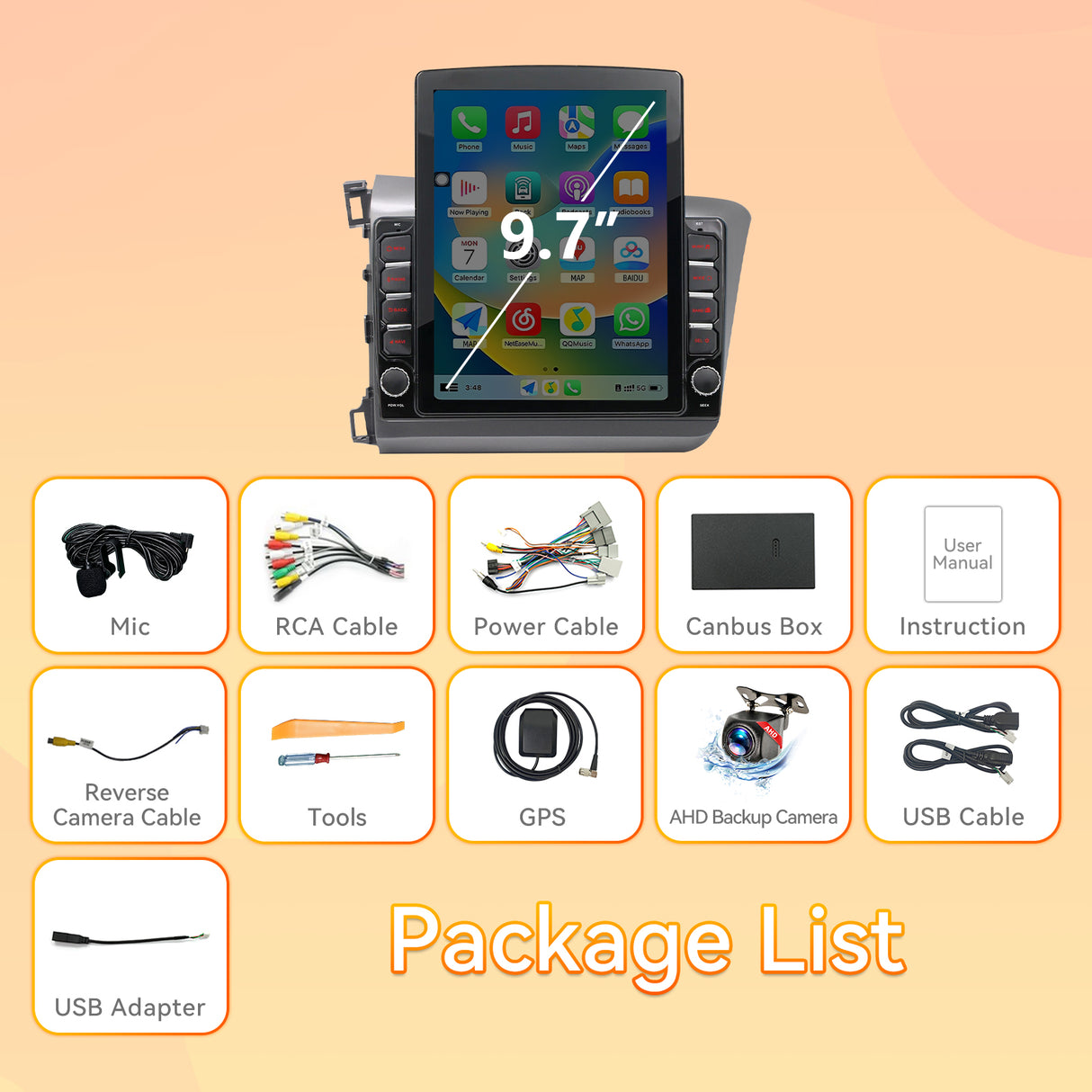 Android 15 Car Stereo Radio Compatible with Honda Civic 2012 2013 2014 2015 with Wireless CarPlay Android Auto,9.7' Touchscreen Support Bluetooth/GPS/WiFi/Mirror Link/Backup Camera