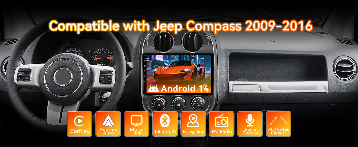 Android 13 Car Stereo Radio Compatible with Jeep Compass 2009-2016, 10 Inch Touchscreen Head Unit,Bluetooth |Wifi |FM |Wireless Carplay Android Auto |GPS |Mirrorlink |Backup Camera