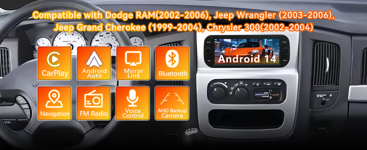 Android 13 Car Stereo Radio Head Unit Compatible with Dodge RAM(2002-2006), Jeep Wrangler (2003-2006)，Jeep Grand Cherokee (1999-2004), Chrysler 300(2002-2004) 300C Carplay&Android Auto Touch Screen with GPS DSP Bluetooth Optical FM 4G WiFi 2+64G 6.9 inch