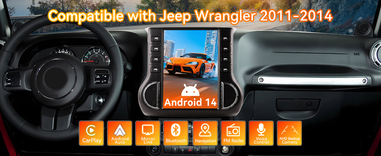 Android 14 Car Stereo Radio Head Unit Compatible with Jeep Wrangler 2011-2014 Carplay&Android Auto T-Style Touch Screen with GPS DSP Bluetooth Optical FM 4G WiFi 8+128G 12.1 inch